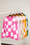 Pink Checkered Bishop Sleeve Sweater