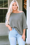 Ribbed Boat Neck Batwing Sleeve T-Shirt